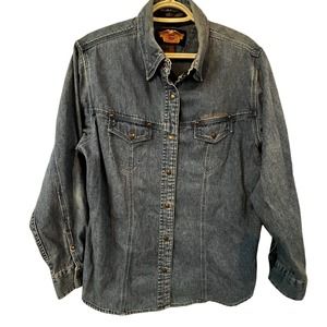 Harley Davidson Embroidered Top Womens XL Stud Snap Denim Shirt Wings Blue